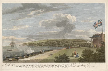 Pohled na horu Edgcumbe z Block House, hospoda. 1755 (ručně kolorovaná rytina)